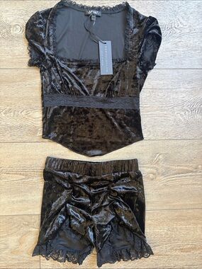 Dolls Kill Brand Widow Black Velvet Lace Trim Top & Matching Bloomer Shorts Set